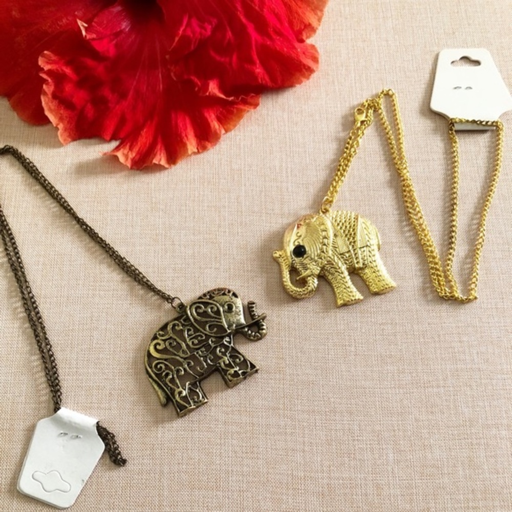 Set of Two Long Elephant 🐘 Necklaces Gold & Vintage Brass